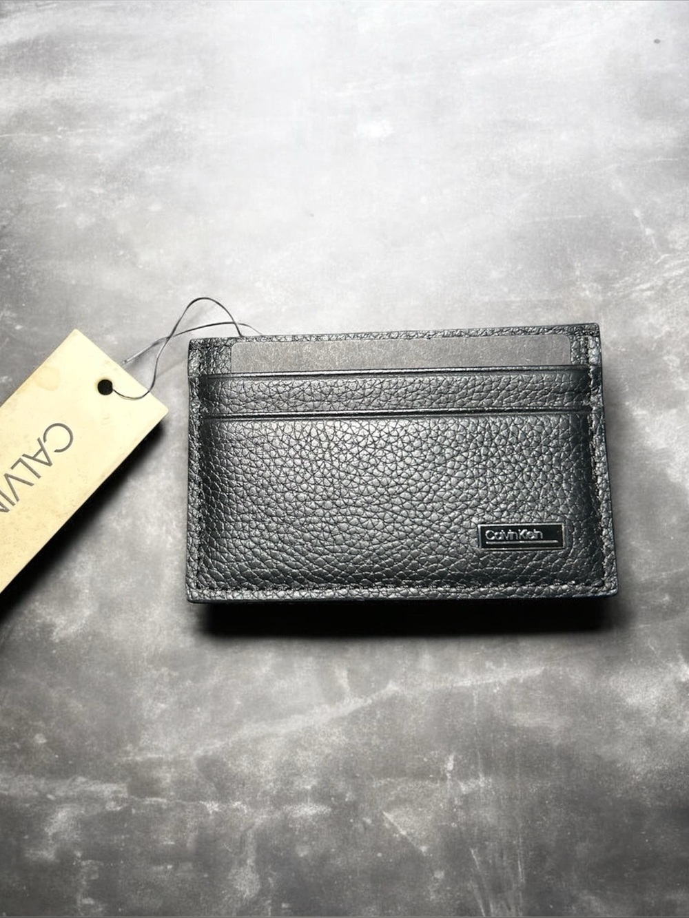 Calvin Klein metal logo Genuine Leather Card Holder Wallet Black classic minimal
